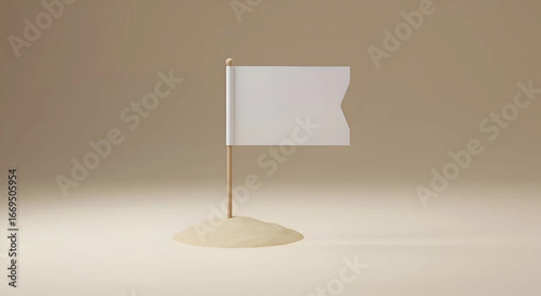 Fototapeta Empty white flag on a wooden stick in a small pile of beige sand on a neutral background. Blank template for promotional use. Design mock-up for marketing purposes. studio shot.