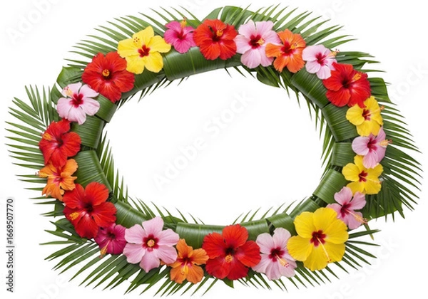 Obraz A tropical flower wreath with hibiscus and palm leaves isolated on transparent background