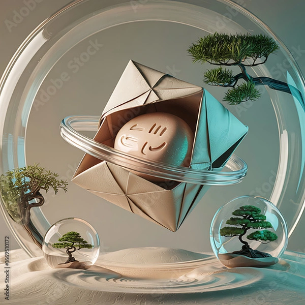 Fototapeta Conceptual still life with a smiley face in origami packaging inside glass orb container