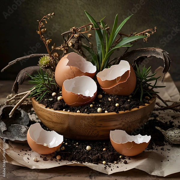 Fototapeta Eggshell garden with plants and potting soil symbolizing new beginnings and spring growth