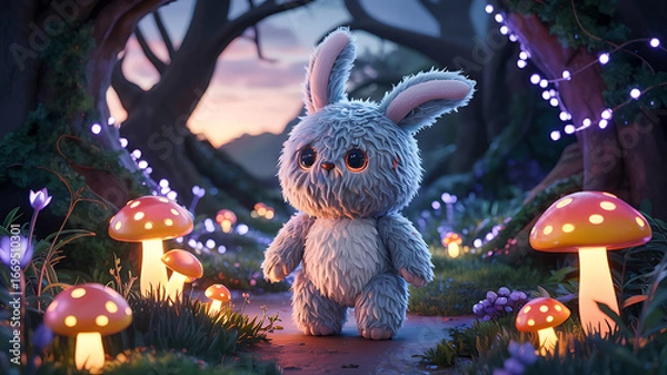 Fototapeta Enchanted Forest with Adorable Plush Bunny and Glowing Mushrooms a Whimsical Fantasy Scene
