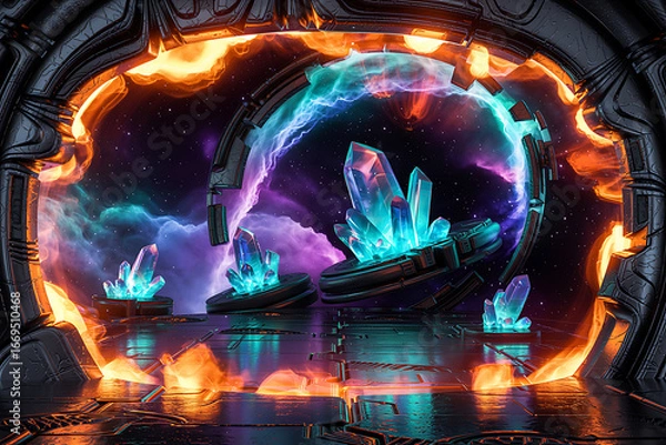 Fototapeta Interdimensional Crystal Portal to another Galaxy Featuring Glowing Crystals and Celestial Background