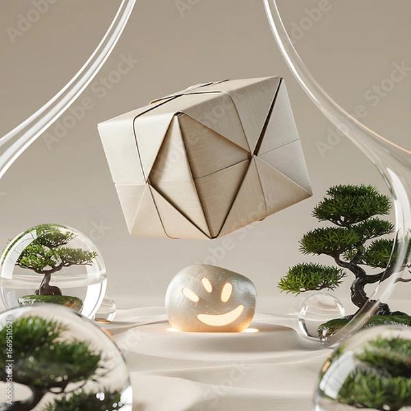 Fototapeta Minimalist Still Life featuring Origami Box Smiling Stone and Bonsai Trees for Zen Aesthetics