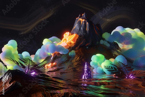 Fototapeta Surreal Mountain Landscape with Glowing Clouds and Crystals a Sci Fi Dreamscape