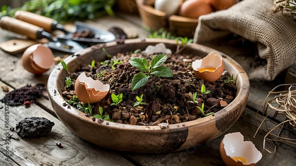 Fototapeta Sustainable Gardening Sprouting Seedlings in Eggshells a Rustic Approach to Eco Friendly Planting