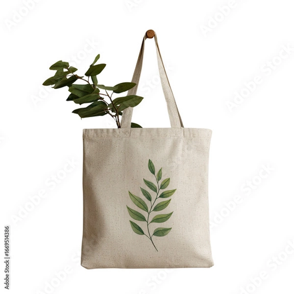 Fototapeta Natural Canvas Tote Bag with Green Leaf Design for Eco-Friendly Use