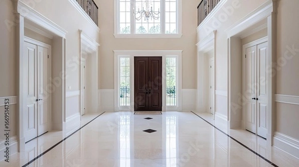 Fototapeta A spacious, elegantly designed foyer with white walls, polished marble flooring, and multiple doors leading to different rooms.
