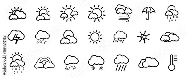 Obraz 20 minimal black outline symbols representing sun, clouds, rain, snow, storm, rainbow, wind, and temperature. Perfect for mobile apps, websites, UI/UX design, forecasts, and infographics