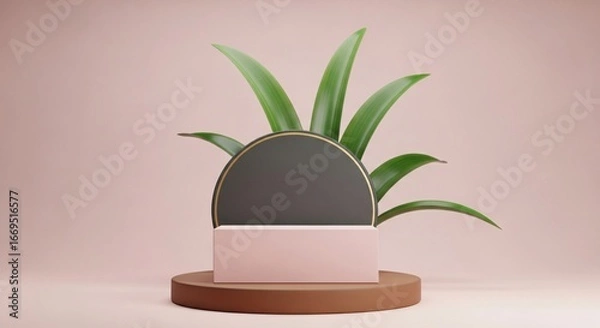 Fototapeta Elegant minimalist product display stage with vibrant green plant backdrop