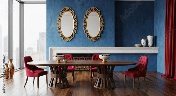 Fototapeta Elegant dining room with ornate mirrors, red chairs, and city view backdrop