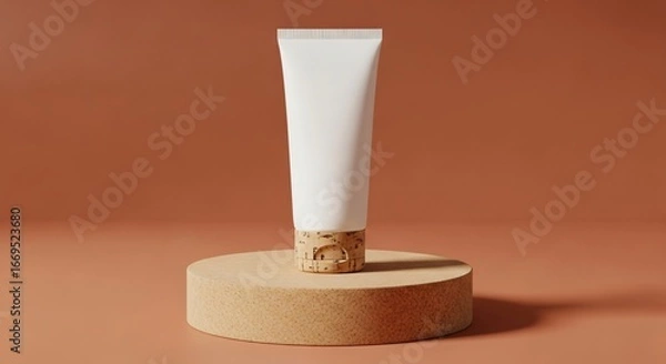 Fototapeta Elegant cosmetic tube mockup with cork base on modern minimalist display
