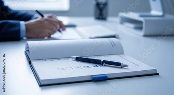 Fototapeta Office Workflow: An open notebook and pen lie on a table, conveying the essence of work and planning, with a blurred background of someone diligently working.