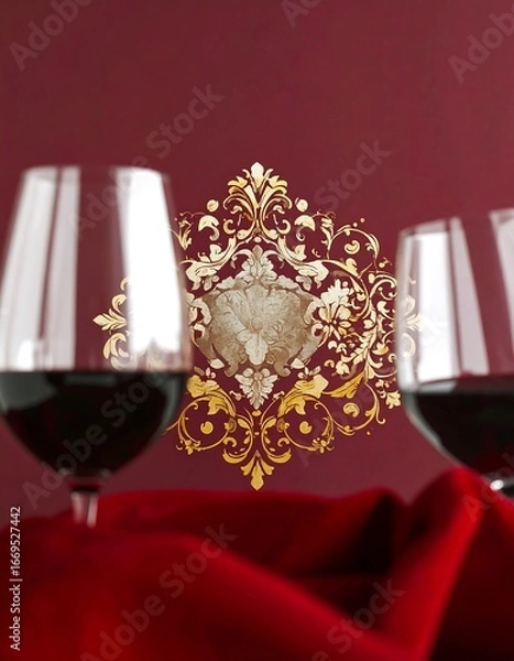 Obraz Two wine glasses filled with red wine, set against a dark red background with an ornate gold design