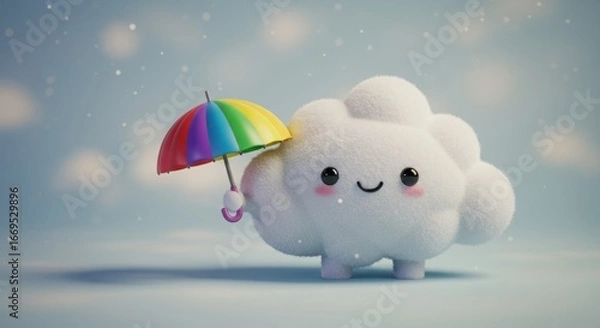 Fototapeta Adorable fluffy cloud character with a rainbow umbrella, playfully standing in a light snowfall.  Perfect for children's illustrations or whimsical designs!