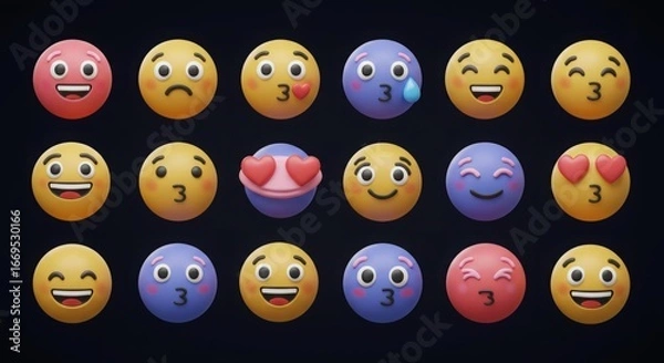 Fototapeta A collection of diverse 3D emojis expressing a wide range of emotions, from joy and love to sadness and silliness.  Bright, playful, and fun!