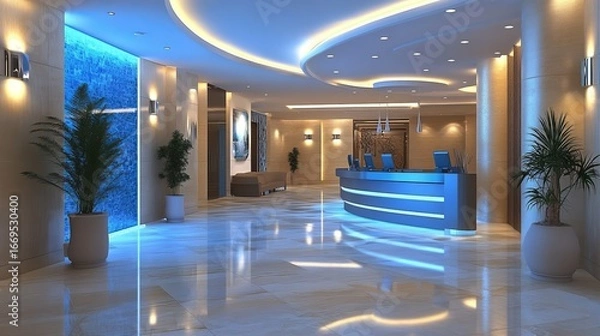 Fototapeta Luxurious hotel lobby with modern design, featuring plants, water feature, and illuminated ceiling