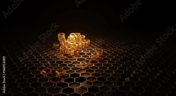 Fototapeta Glowing amber cubes scattered across a dark honeycomb surface.  A captivating image of abstract design and technology.