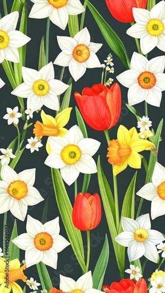 Obraz Vertical floral pattern featuring daffodils and tulips on a dark background