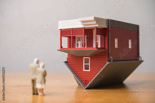 Obraz Elderly couple looking at red house flipped over. Reverse mortgage loan concept. Reverse mortgage is home loans for seniors age sixty or older, the borrower do not have to pay any monthly repayments