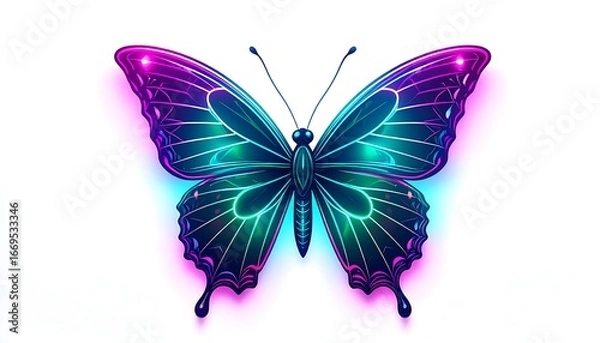 Obraz Vibrant neon butterfly with dark body and glowing wings against white background