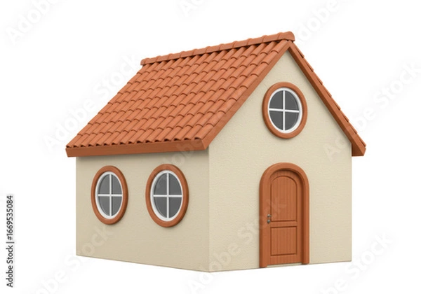 Fototapeta Isolated cartoon house with round windows and terracotta roof tiles architecture model