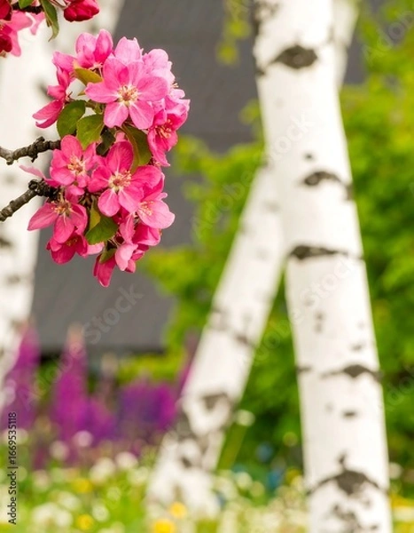Obraz Vibrant pink blossoms in focus against a softly blurred background of birch trees and wildflowers