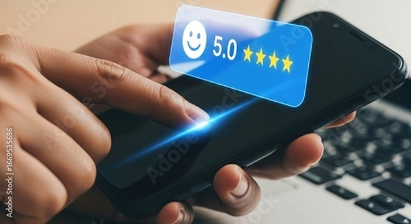 Fototapeta Digital Feedback: A close-up shot features a hand interacting with a smartphone screen, revealing a digital feedback form, a shining example of positive customer satisfaction.