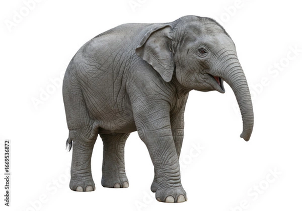 Fototapeta Isolated Young Indian Elephant Walking with Curious Expression on a White Background