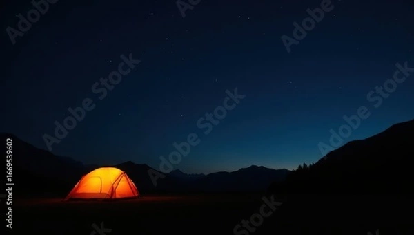 Fototapeta Illuminated orange tent stands out against a backdrop of dark mountains and a star-studded night sky.