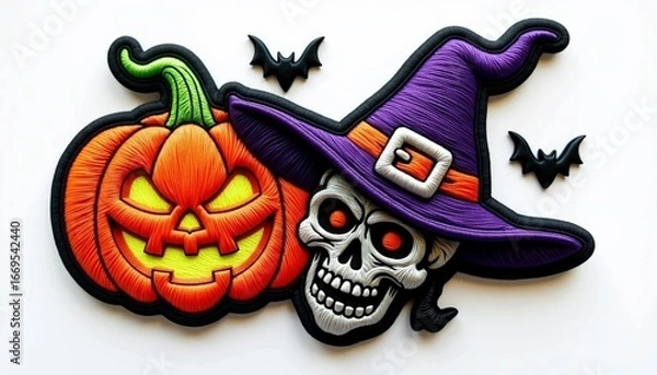 Obraz Halloween Jack O Lantern Skull Witch Hat and Bats Spooky Festive Design