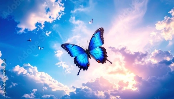 Obraz Vivid blue butterfly in flight against a sunset sky, other butterflies visible in the distance