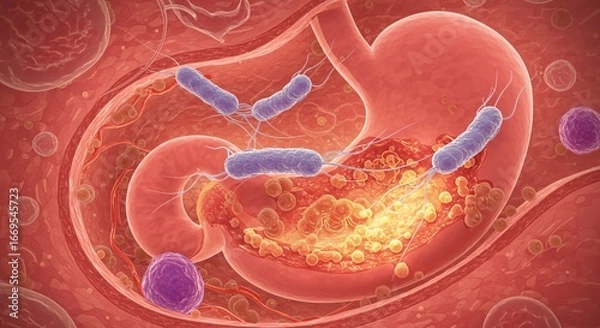 Fototapeta Microscopic view of active Helicobacter Pylori bacteria attacking stomach lining, showing infection and cellular damage.