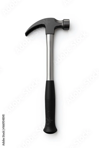 Fototapeta Close-up of a modern steel claw hammer with a black rubber grip, isolated on a white background. Ideal for construction, carpentry, and tool concepts.
