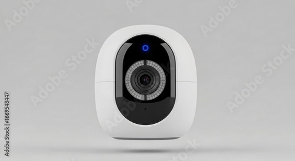 Fototapeta Modern security camera with blue indicator light on grey background