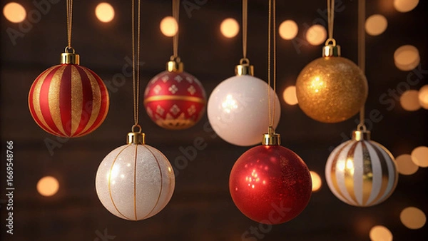 Fototapeta a collection of Christmas ornaments hanging from strings against a warm, dimly lit background