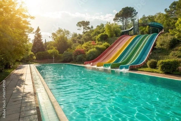 Fototapeta Colorful water slides in a sunny park with lush greenery and a serene swimming pool