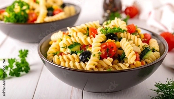 Fototapeta A vibrant pasta salad with spiral pasta, colorful vegetables, and fresh herbs, presented in a dark gray bowl on a white wooden table.