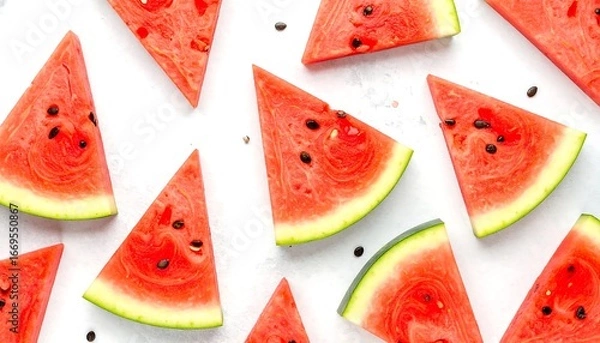 Obraz Watermelon slices arranged on white surface