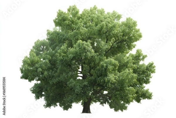 Fototapeta Lush green tree with dense foliage, isolated on white. Strong trunk, vibrant leaves, organic shape, natural element