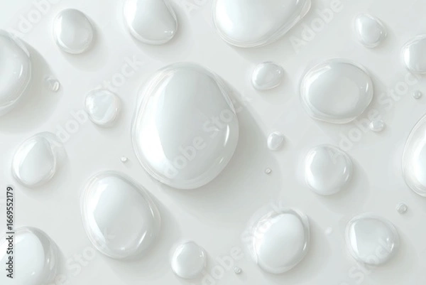 Fototapeta Opaque, pearlescent drops on a smooth, white surface, reflecting light softly. High key, clean