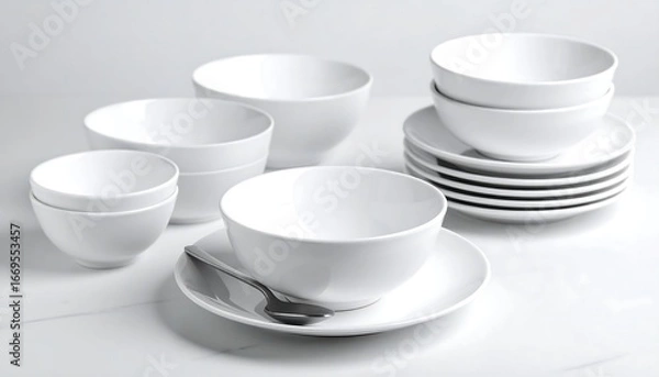 Obraz White bowls and plates on table setting