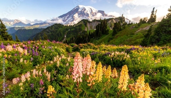 Fototapeta A vibrant display of wildflowers carpets a hillside meadow, showcasing a profusion of pinks, yellows, and purples, beneath a majestic mountain range.