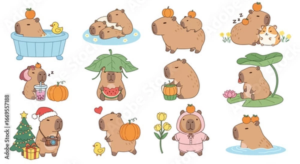 Fototapeta A delightful collection of cute capybara characters in a vector illustration set. Funny kawaii animal graphics for stickers and children's designs. EPS 18