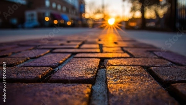 Fototapeta Brick road glows during sunset, blurred buildings behind. Golden hour paints the scene with warmth and light. Perspective is low to the ground
