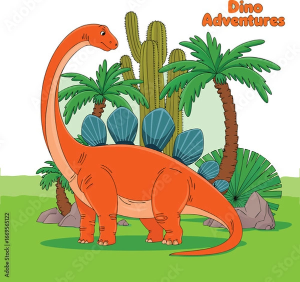 Fototapeta Cartoon Orange Brachiosaurus Dinosaur Near Palm Trees and Cactus Plants in a Green Field