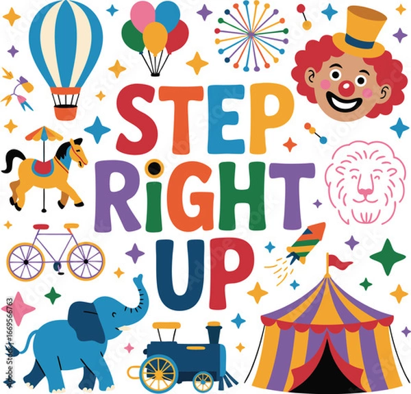 Fototapeta Colorful Circus Illustration with Animals, Clown, and Big Top Tent Featuring Step Right Up