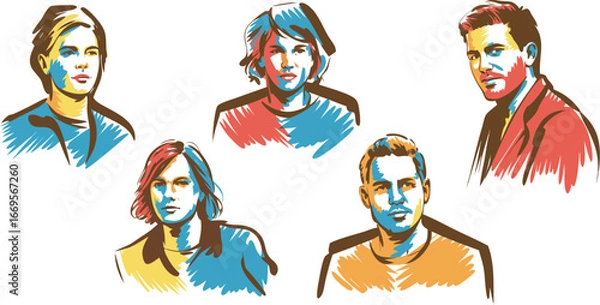 Fototapeta Colorful Sketch Portraits Five Distinct Individuals Illustrated with Vibrant Brushstrokes and Simplified Art Style