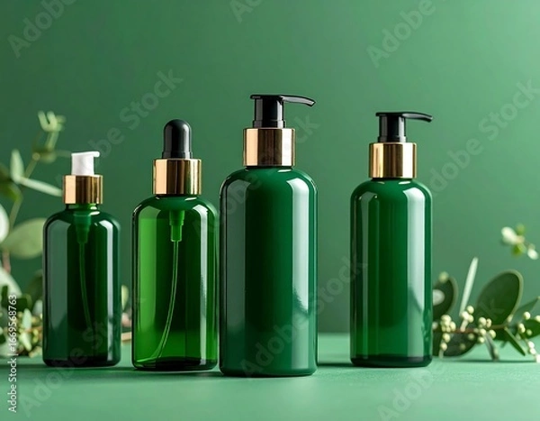 Obraz Green bottles of skincare products on green background