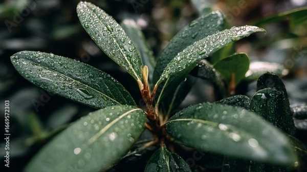 Fototapeta Close-up of Green Plant Leaves with Water Droplets on Dark Background
