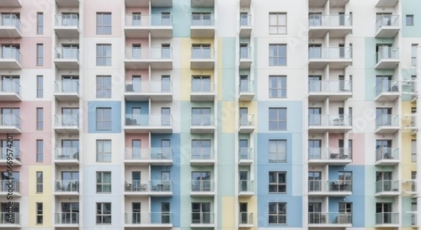 Fototapeta Modern residential building facade with pastel colored geometric patterns and balconies